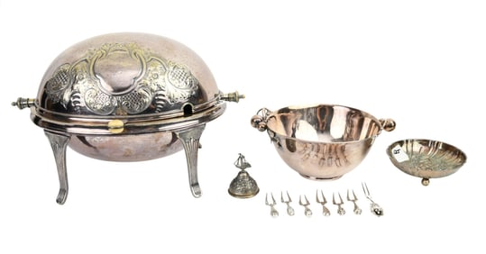 Lot of Silverplate & Sterling, Silverplate Danish Style Bowl, Victorian Covered Bun Warmer, Sterling