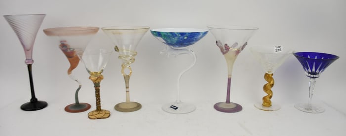 8 Assorted Art Glass Martini Glasses, 11 1/2"h tallest, 7 1/2"h smallest