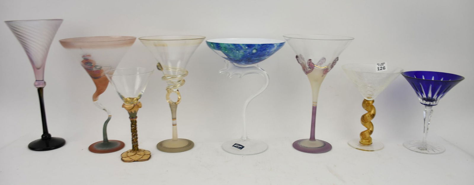 8 Assorted Art Glass Martini Glasses, 11 1/2"h tallest, 7 1/2"h smallest (1 of 11)