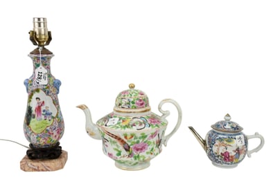 3 Pcs. Chinese Rose Medallion Porcelain, Teapot with Birds & Butterflies, Small Teapot and Antique