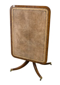 Mahogany 19th c. Breakfast Table, Tooled Leather Top, Tilt Top on 4 Downswept Legs, Brass Toe Caps,