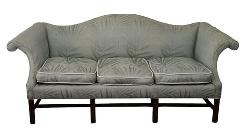 Finely Upholstered Camel Back Sofa, Chippendale Frame,