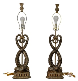 Pair Decorative Lamps, Double Intertwined Dolphins with Silvered Finish, 36"H x 10"w ***If this item