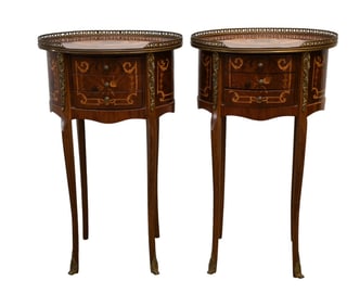 Pair Italian 3 Drawer Oval Stands With Inlay and Gilt Metal Mounts, 29"h x 17 1/2"w x 13