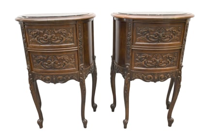 Pair Antique Demi-Lune Stands Each With 2 Caved Drawers & Black Marble Insert Tops, 29"h x 19"w x