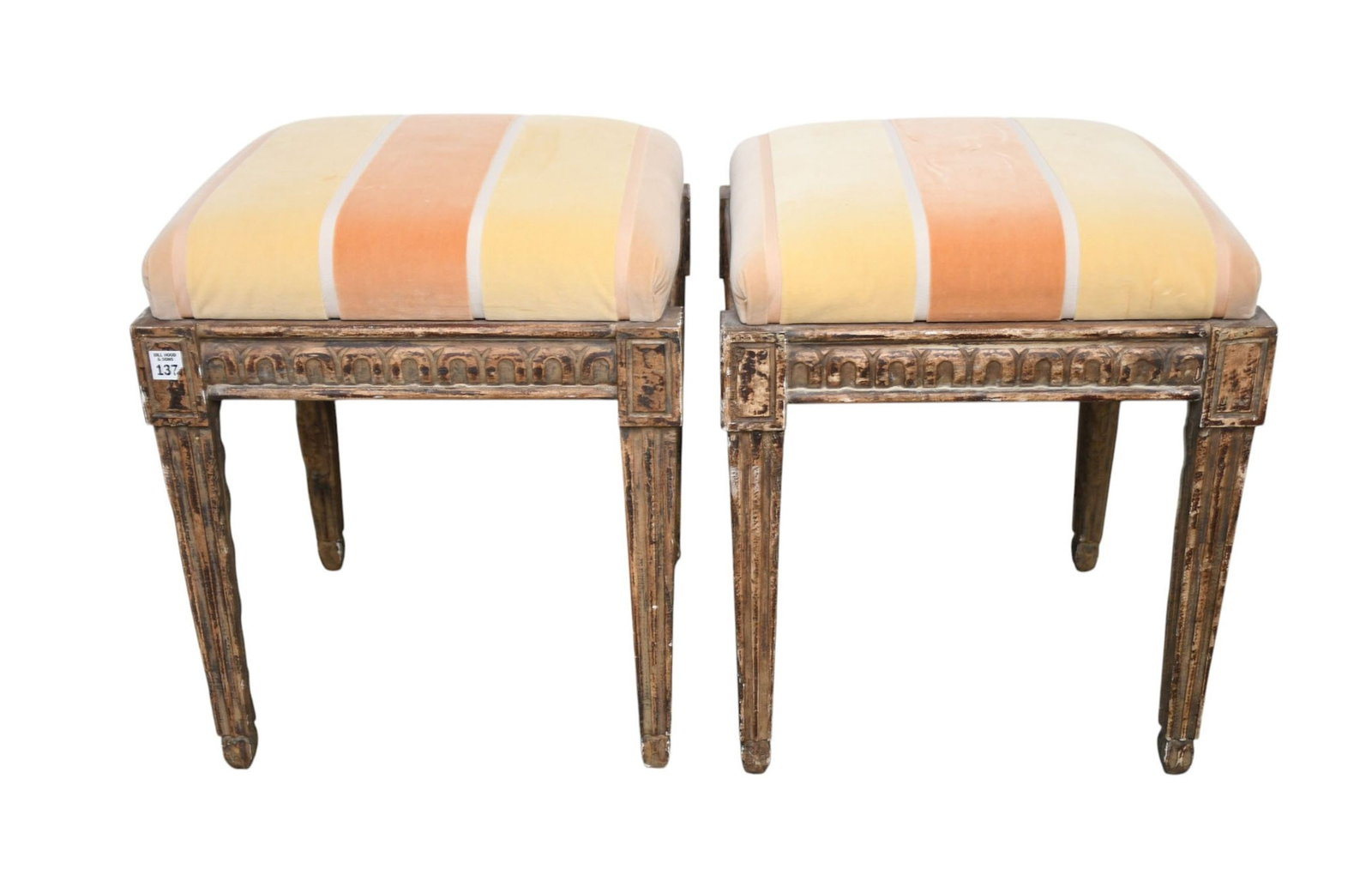 Pair Italian Carved Stools, Striped Velvet Upholstery, 21"h x 29"Square  ***If this item is not (1 of 4)