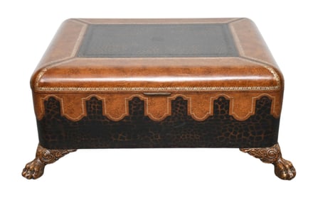 Maitland Smith Coffee Table, 20th c. Leather Style Top with Tooling, Hinged Top, 18"H x 36"w x