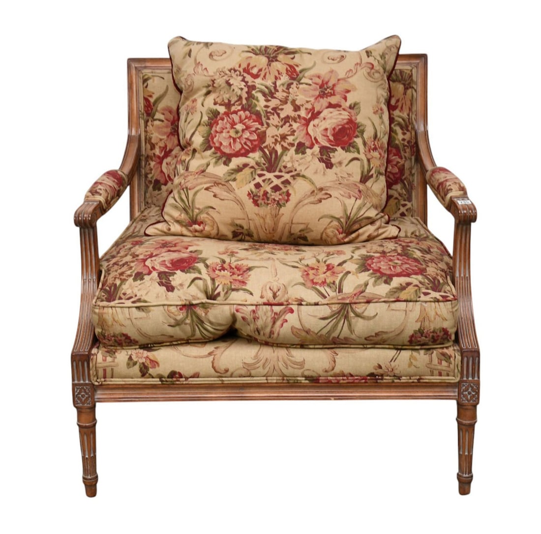 Italian Oversized Armchair Slightly Washed Wood Frame with Vintage Floral Style Upholstery, 33"H x: Italian Oversized Armchair Slightly Washed Wood Frame with Vintage Floral Style Upholstery, 33"H x 29"w x 24"d (fine condition) ***If this item is not picked up by the Friday following the auction, it