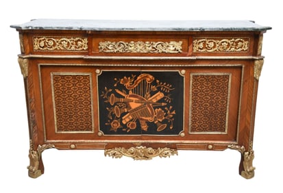 French Style Chest/Server, Gilt Accents with Marquetry Panels, One Drawer Under Marble Top Over Two