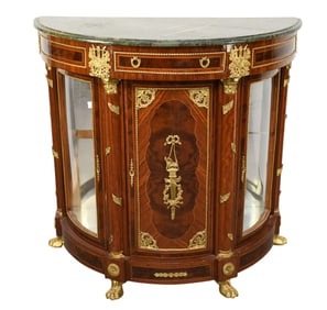 French Style Demilune Console/Cabinet, Mahogany with Gilt Mounts and Green Marble Top, Single Drawer