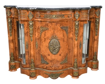 French Cabinet, Gilt Metal Accents, Burled Wood Serpentine Sides & Front, Bun Feet with Conforming