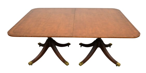 Baker Double Pedestal Dining Room Table, Light Mahogany with Banded Inlay, 29 1/2"h x 68"w x 47