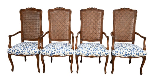 4 Country French Walnut Caned Back Armchairs, Blue & White Upholstered Seats, 46"H x 23 1/2"w x 21"d