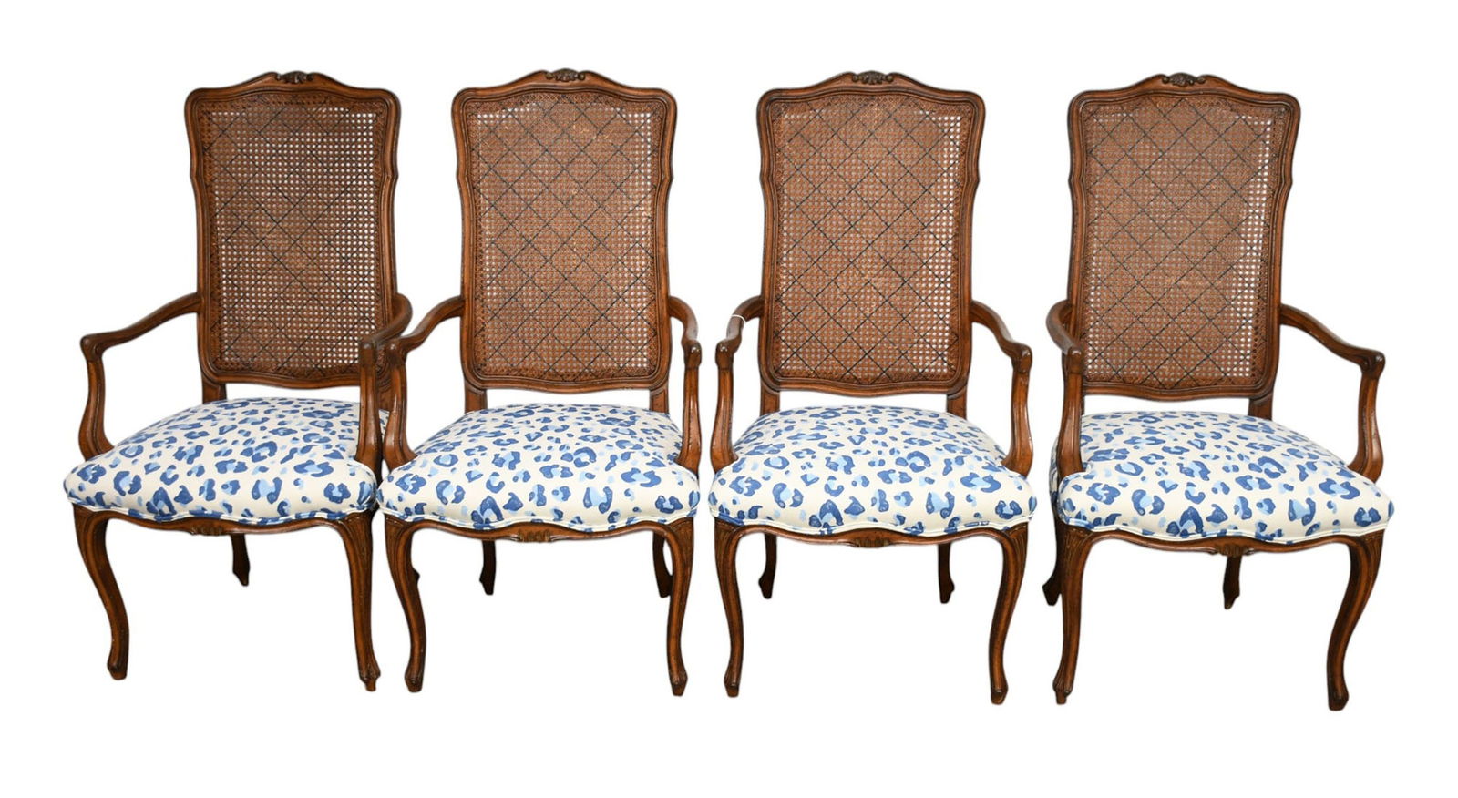 4 Country French Walnut Caned Back Armchairs, Blue & White Upholstered Seats, 46"H x 23 1/2"w x 21"d (1 of 8)