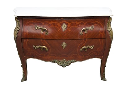 2 Drawer Bombay Form Chest with Heavy Gilt Metal Mounts, White Marble Top, 34"h x 47"w x 22