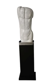White Marble Abstract Sculpture of Male Torso by Ken Crooks on black Formica Stand, sculpture 32"h x