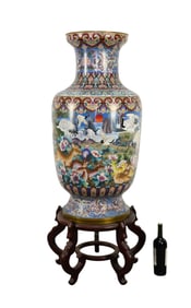 Monumental Chinese Cloisonne Temple Vase on Stand, Vase 40"h x 23"w, Stand 16"h x 22"w (no dents or