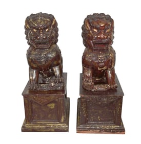 Pair Carved Temple Size Foo Dogs on Matching Separate Pedestals, Foo Dogs 29"h x 18"w x 11"d AND