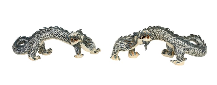 Pair Blue & White Ceramic Creeping Dragons, 6"h x 15"L