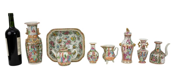 8pcs. Chinese Rose Medallion Assorted Tableware's, Largest 9"h x 5"w and Smallest 5"h x 3"w