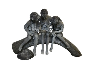 Bronze Garden Sculpture, Three Children, Signed A. Moreau - 20th Century. A monumental patinated