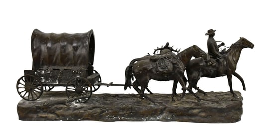 R. Clark (American, 20th Cen.) Bronze American West Sculpture - Patinated bronze sculptural grouping