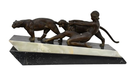 Alexandre Ouline Art Deco Bronze, Woman With Two Panthers - French. Patinated bronze sculpture