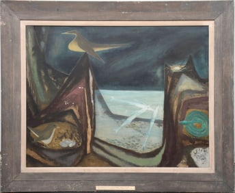 LeRoy Kirwan Burket (American, 1920-2003) Rock inhabitants-1949. Oil on