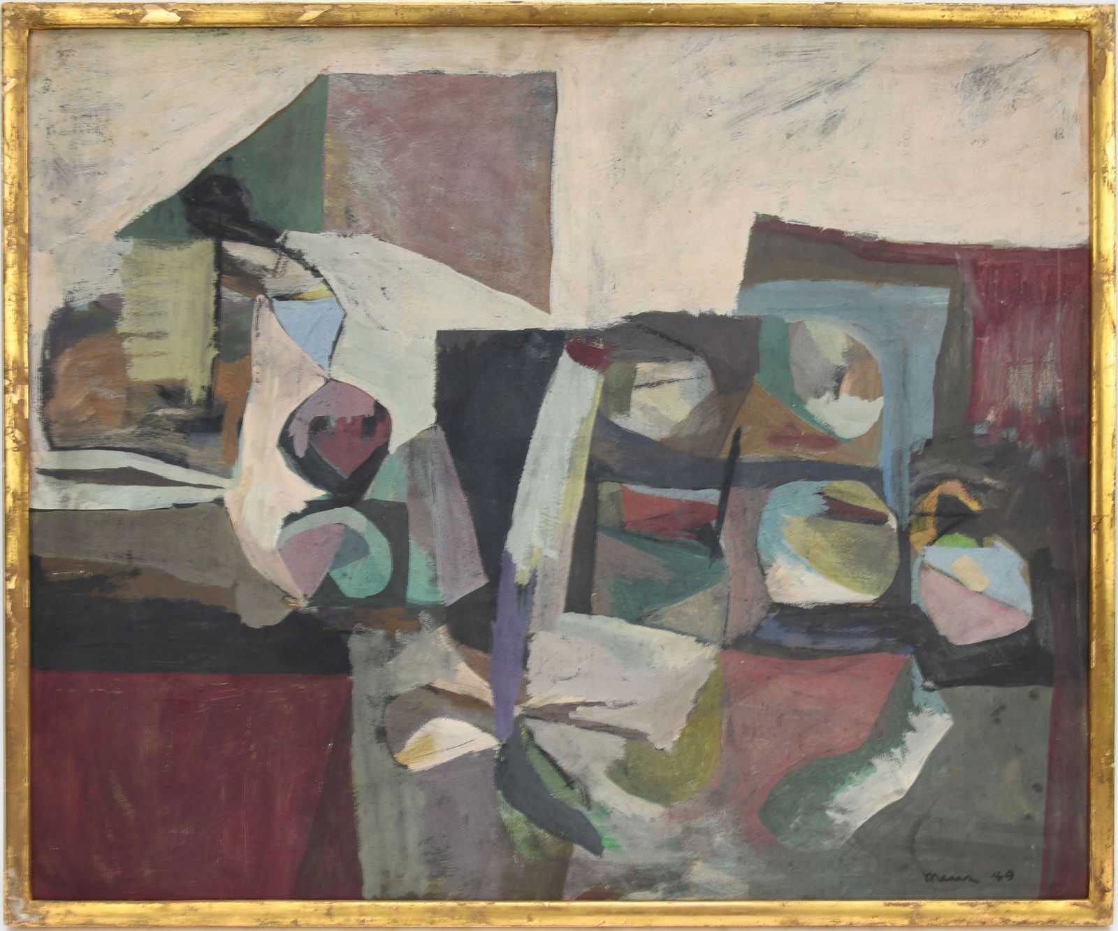 Muir (unidentified artist) Oil on canvas-1949. Cubist still life Objects on a sofa including a: Muir (unidentified artist) Oil on canvas-1949. Cubist still life Objects on a sofa including a blanket and pillow, Signed and dated lower right: Muir 49. Stretcher reads: Seligman, 19 ½ x 24 in