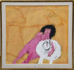 Jim Bumgardner (American, 1935-2015) Acrylic and encaustic on paper Pink nude with an owl on a