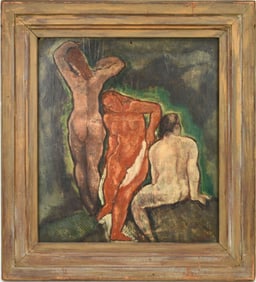 PAINTING -Unknown artist, Untitled Oil on panel- Three female nude figures, one red in a garden,