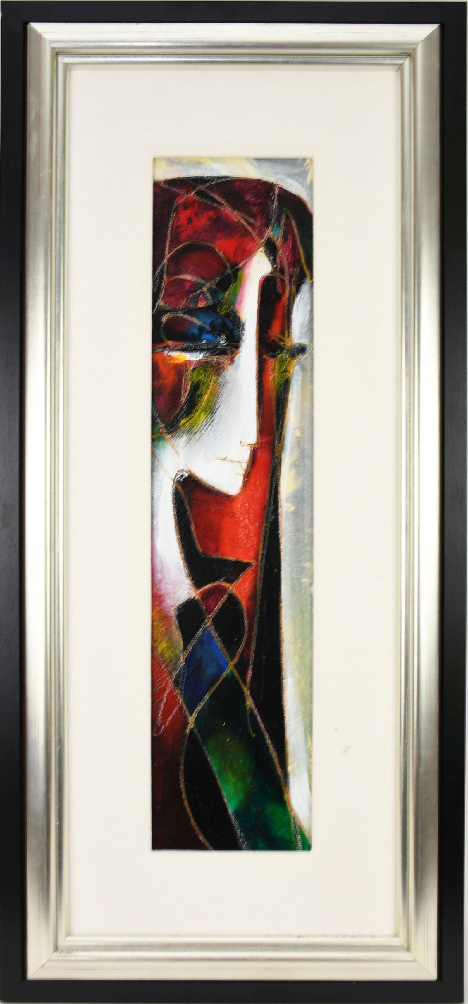 Jean-Claude Gaugy (Born 1944) Oil on board, approximately 24 x 6 inches, Lady profile, Signed on: Jean-Claude Gaugy (Born 1944) Oil on board, approximately 24 x 6 inches, Lady profile, Signed on reverse, overall frame size 33 1/2 x 15 1/2 inches