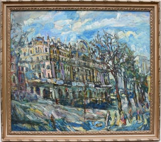 20th Century Russian Painting Apartment Buildings, signed lower left, painting 70 x 80 cm. Overall