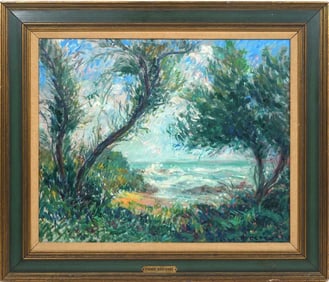 Pierre Philippe Bertrand (French 1884-1975)  oil on board "Paysage Maritime" old Palm Beach