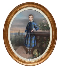Antique Oval Pastel of a young girl in a blue dress,  no visible signature 21 x 17 1/2 inches site.