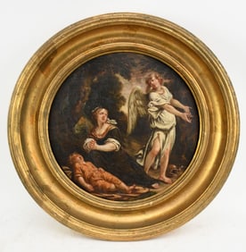 Old Master oil on panel, Probably Flemish 17/18th Century. The Archangel appearing to Hagar and