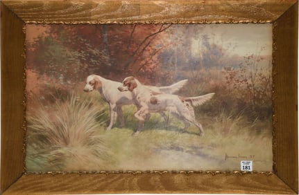 Hermann Gustave Simon (AMERICAN, 1846–1895) Watercolor on paper of 2 Pointer Hunting Dogs, signed