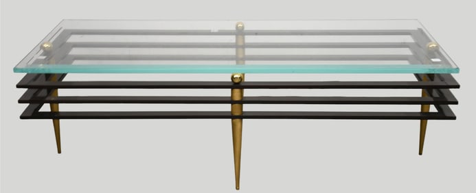Modern Black & Gold Metal Base Coffee Table with Glass Top, 16"H x 52"w  x