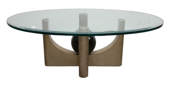 Coffee Table, Modern Base with Black Orb in Center, Glass Top, Base 15"h x 26"w x