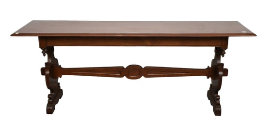 Mahogany Sofa/Library Table on Trestle Base, 29"h x 71"w x 21"d (some