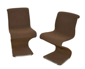 Pair 2 Mid Century Modern Chairs, Zig Zag Chrome Frames with Brown Cloth, 33"h x