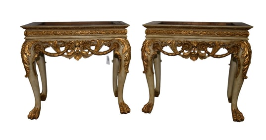 Pair Heavily Carved & Gilded Side Tables on Carved Lion Paw Feet, (sans tops) 29"h x 31 1/2"w x