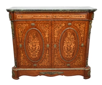 French Marquetry Cabinet, Green Marble Top Over 2 Side by Side Drawers Over 2 Cabinet Doors with