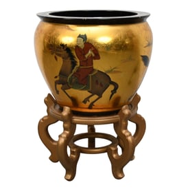 Oriental Ceramic Jardiniere On Stand, Gold Foil with Warrior Motif, 24"h total x 16"d