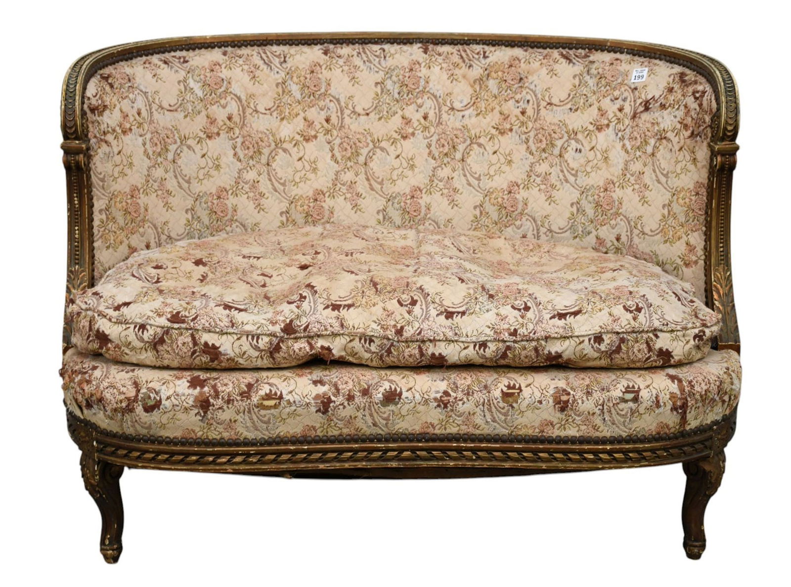 French Antique Love Seat with Single Cushion, 29"h x 41"w (needs: French Antique Love Seat with Single Cushion, 29"h x 41"w (needs upholstery) ***If this item is not picked up by the Friday following the auction, it will be moved to offsite storage and pickup will b