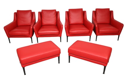 6 Pcs. Italian Red Leather, Fabric Stamped Underneath B&B Italia, 4 Chairs, 2