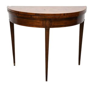 Demilune Game Table with Marquetry On Surface, Hinged Top Opens to Leather Surface That Makes Round