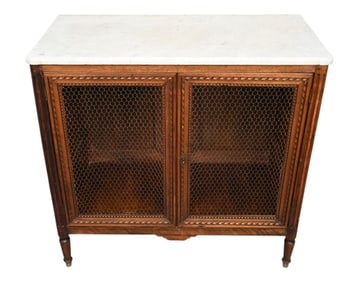 Italian Cabinet, 2 Grid Metal Doors, White Marble Top, 34 1/2"h x 36"w x 17