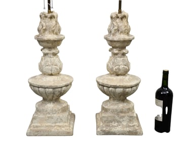 Pair Cement Garden Urns Converted to Lamps, 34"h x 10"w
