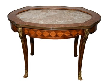 Vintage Coffee Table, Marquetry Frame with Marble Insert Surface, 20"h  x 29"w x